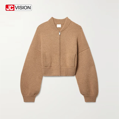 JCVISION Autumn Winter Brown V-Neck LongSleeve Zipper Women